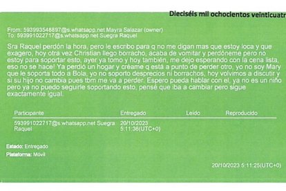 El chat que consta en el expediente, en el que Mayra Salazar se refiere a su pareja.