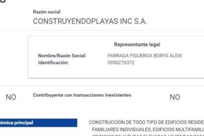 RUC de la empresa Construyendoplayas Inc S.A., que tiene como representante legal a Borys Párraga Figueroa.