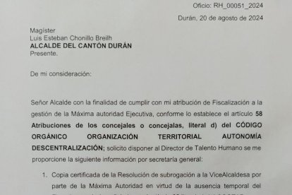 Este es el documento por el cual la concejala Heredia pide aclarar la situación actual al frente del Municipio de Durán.