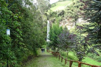Para llegar a la cascada, puede ir por un sendero adornado con esculturas de duendes.