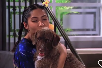 Grillo, perro de la novela Los García, con la actriz Gigi Mieles.