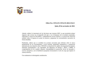 Este informe advierte sobre la urgencia de hacer cortes de energía en más del 40 % de la capacidad de producción del sistema nacional de energía.