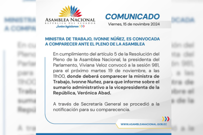 La Asamblea Nacional convoca a comparecer a la ministra del Trabajo.