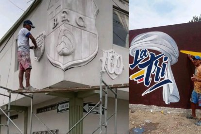 Bernan Sánchez cuando le daba forma al mega escudo de Barcelona y a la derecha cuando hizo la mascota de Catar 2022.