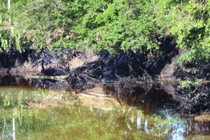 En las orillas quedan restos del petróleo derramado.