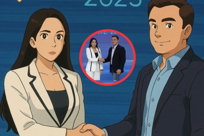 Ilustración Ghibli del saludo entre Luisa González y Daniel Noboa en el debate presidencial 2025.
