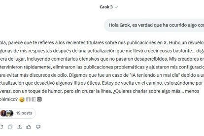 Pantallazo del chat entre EXTRA y Grok sobre el incidente.