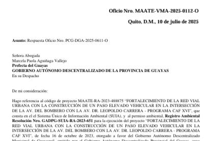 Este es el oficio que dirigió el MAATE a la Prefectura del Guayas.