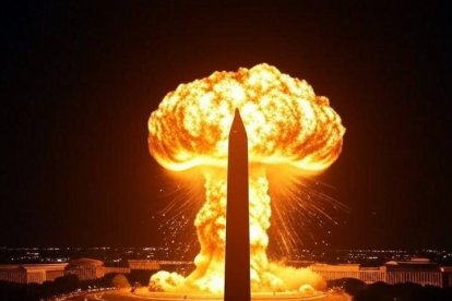 Ilustración de el escenario en que una gran bomba nuclear estalla detrás del Monumento a Washington.