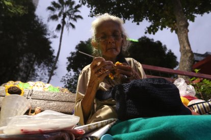 Incluso enlas noches, con poca iluminación, la Peregrina continúa tejiendo con gran precisión.