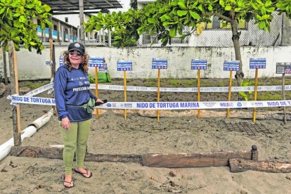 Soledad Rodríguez muestra su nido de tortugas en la playa de Same, provincia de Esmeraldas.