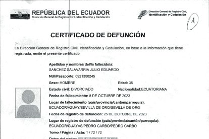 Este es el certificado de defunción de alias Sianca, en el Registro Civil del Ecuador.