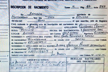 En el acta de inscripción de nacimiento de Quiñónez Ocampo se detalla el género femenino.