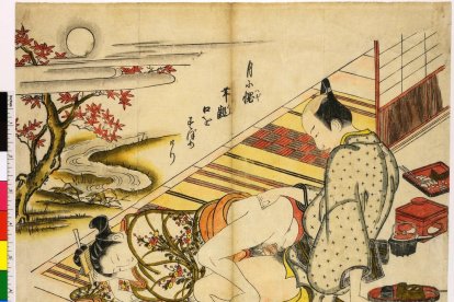 Xilografía shunga que muestra a amantes en una terraza otoñal.