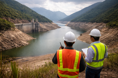 Recreación de una vista del embalse Mazar con niveles de agua reducidos durante el actual estiaje en el Austro ecuatoriano.
