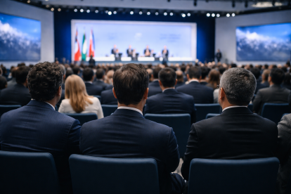 Delegados internacionales observan una sesión del Foro de Davos, en un escenario de alta tensión geopolítica.