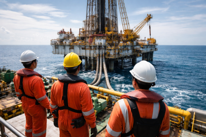 Trabajadores supervisan una plataforma de gas mar adentro, desde donde se impulsa nueva energía para el país.