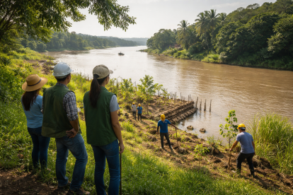 Trabajadores y técnicos observan labores de recuperación en un tramo de la cuenca del río.