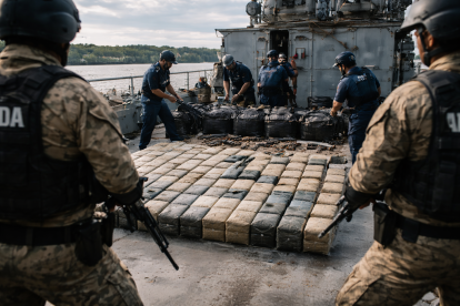 Recreación de un operativo naval con droga incautada a bordo de una embarcación.