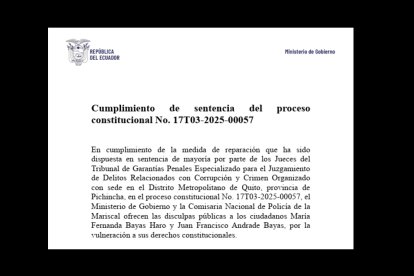 Estas fueron las disculpas públicas publicadas en el portal del Ministerio de Gobierno.