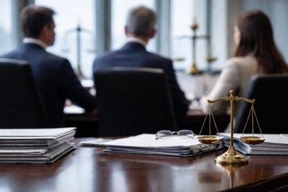 Recreación visual de un proceso legal internacional.