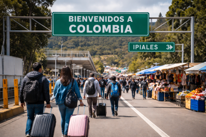 Viajeros de espaldas cruzan una zona fronteriza con maletas, rumbo a Ipiales, en una escena recreada digitalmente para ilustrar el movimiento por el feriado.