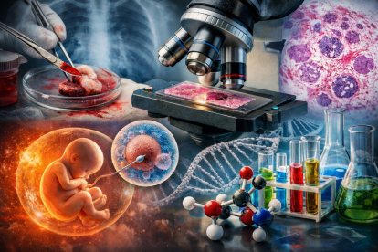 Imagen referencial que integra elementos de Patología, Histología, Embriología y Bioquímica, materias que están bajo investigación por la presunta alteración de notas en la Facultad de Medicina