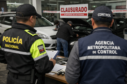 Agentes inspeccionan vehículos y documentación durante el operativo que terminó con la clausura de la concesionaria en Quito por presuntas estafas