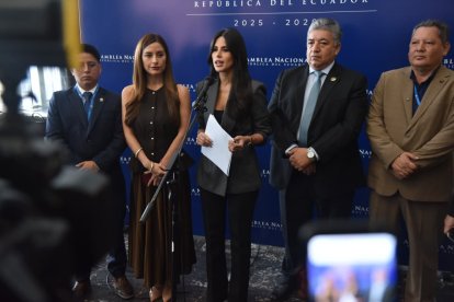 Diana Jácome (c) y otros legisladores de ADN durante el anuncio del proyecto sobre el COIP.