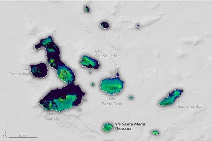 Este mapa muestra un modelo de idoneidad del hábitat de las tortugas gigantes en las Galápagos en las condiciones ambientales actuales.