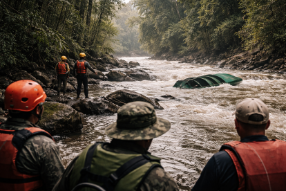 Recreación: equipos de rescate inspeccionan el río tras el volcamiento de una embarcación en la Amazonía.