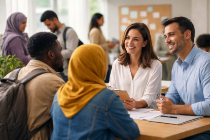 Recreación: personas migrantes participan en una entrevista laboral en un entorno empresarial inclusivo.