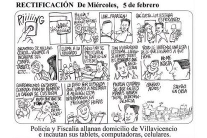 Esta fue la rectificación que hizo Bonil, a la caricatura del allanamiento a Fernando Villavicencio, tras la disposición de la Supercom.