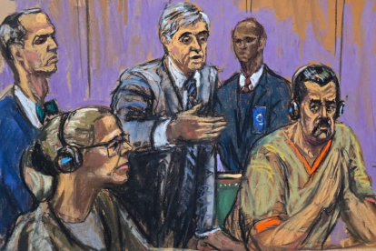 Fotografía de un dibujo realizado por la artista Jane Rosenberg donde aparece el presidente depuesto de Venezuela, Nicolás Maduro (d), junto a su esposa Cilia Flores (2-i)