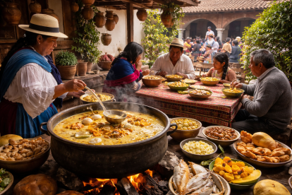 Escena familiar preparando fanesca durante Semana Santa en Ecuador (recreación con IA).