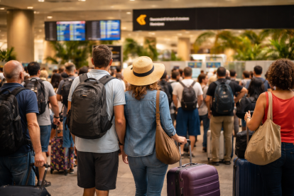 Imagen referencial generada con IA que recrea la llegada de viajeros internacionales.
