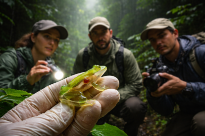 Recreación generada con IA de investigadores observando una rana de cristal en su hábitat natural.