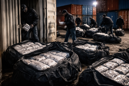 Imagen referencial generada con inteligencia artificial que recrea un operativo antidrogas en zona portuaria.