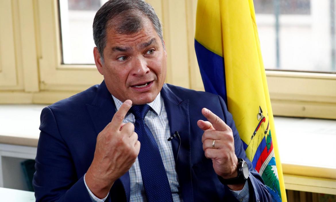 Ecuador's former president Correa speaks during an interview with Reuters in Brussels