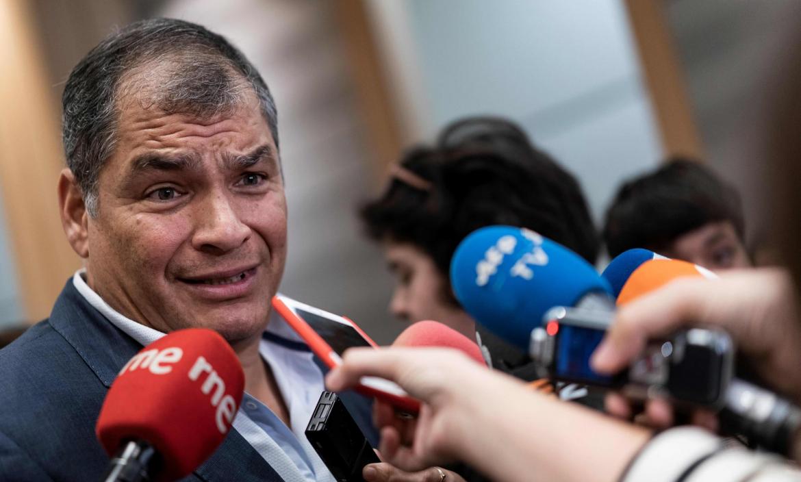 Ecuador's former President (2007-2017) Rafael Correa gives a press co