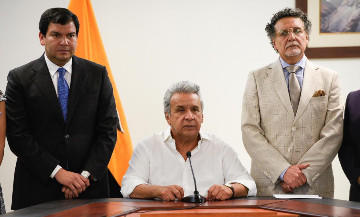 Ecuador's President Lenin Moreno addresses the media next to President of Ecuador's National Assembly Cesar Litardo and the government's ombudsman Pablo Celi, in Guayaquil