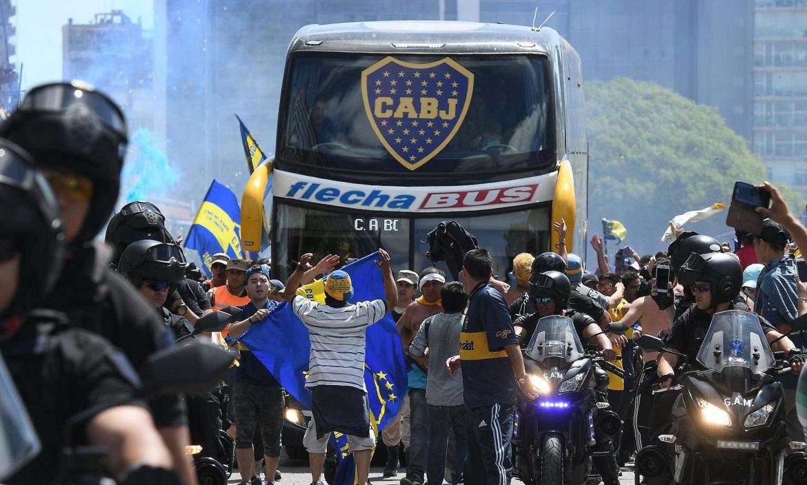 Picture released by Telam showing the Boca Juniors team bus leaving t