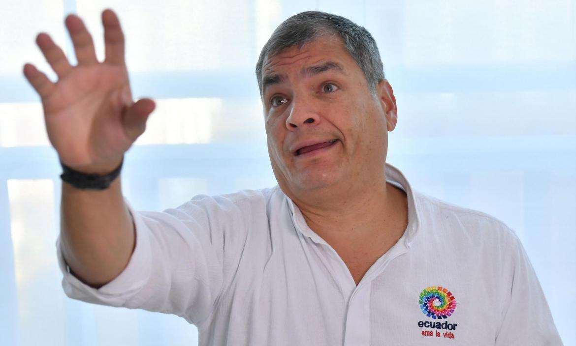 Ecuadoran former President (2007-2017) Rafael Correa gestures during 