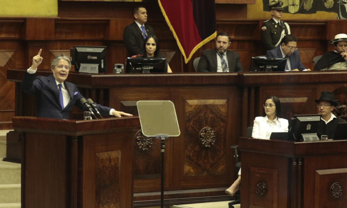 El presidente de la República, Guillermo Lasso, durante su intervención en la Asamblea.