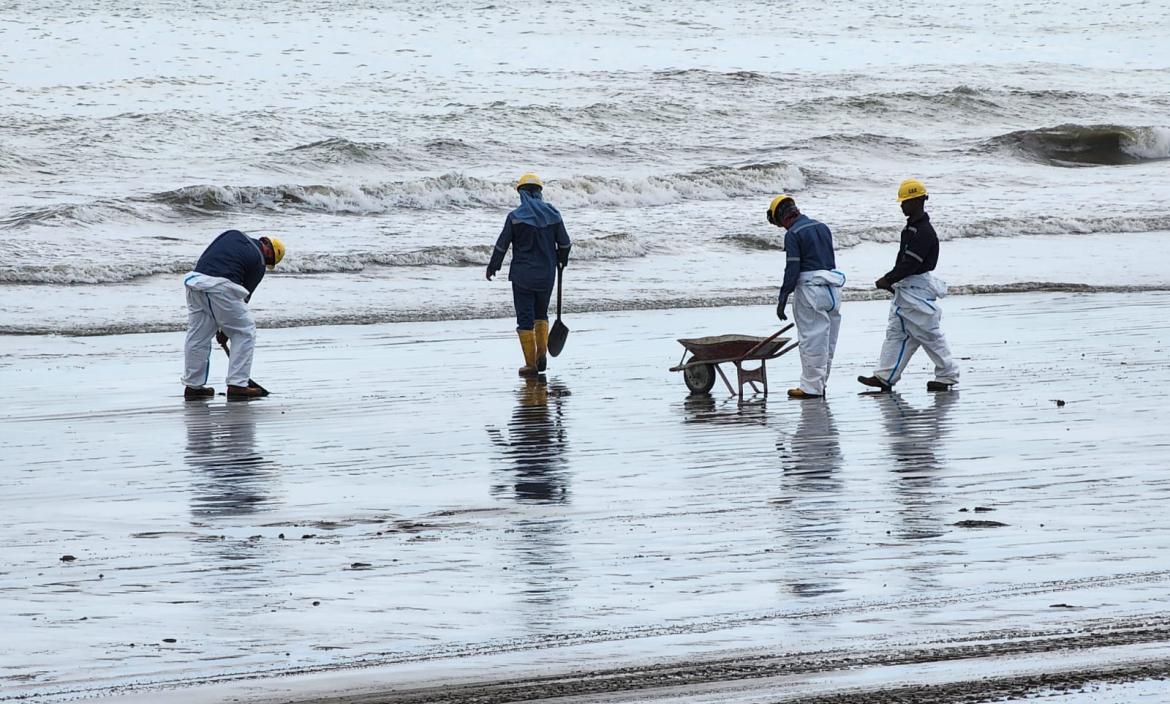 Trabajadores realizan tareas de limpieza en la playa Las Palmas.