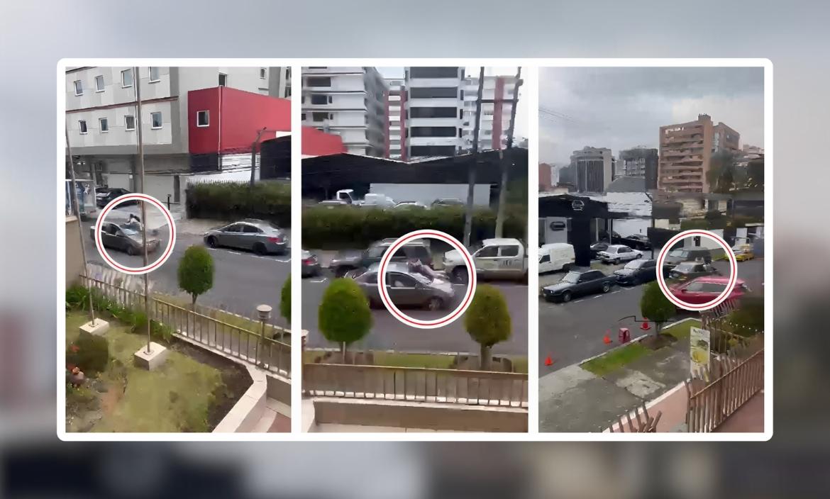 El martes 22 de agosto de 2023, un hombre fue grabado mientras estaba sobre el vehículo de un grupo de antisociales, en Quito.