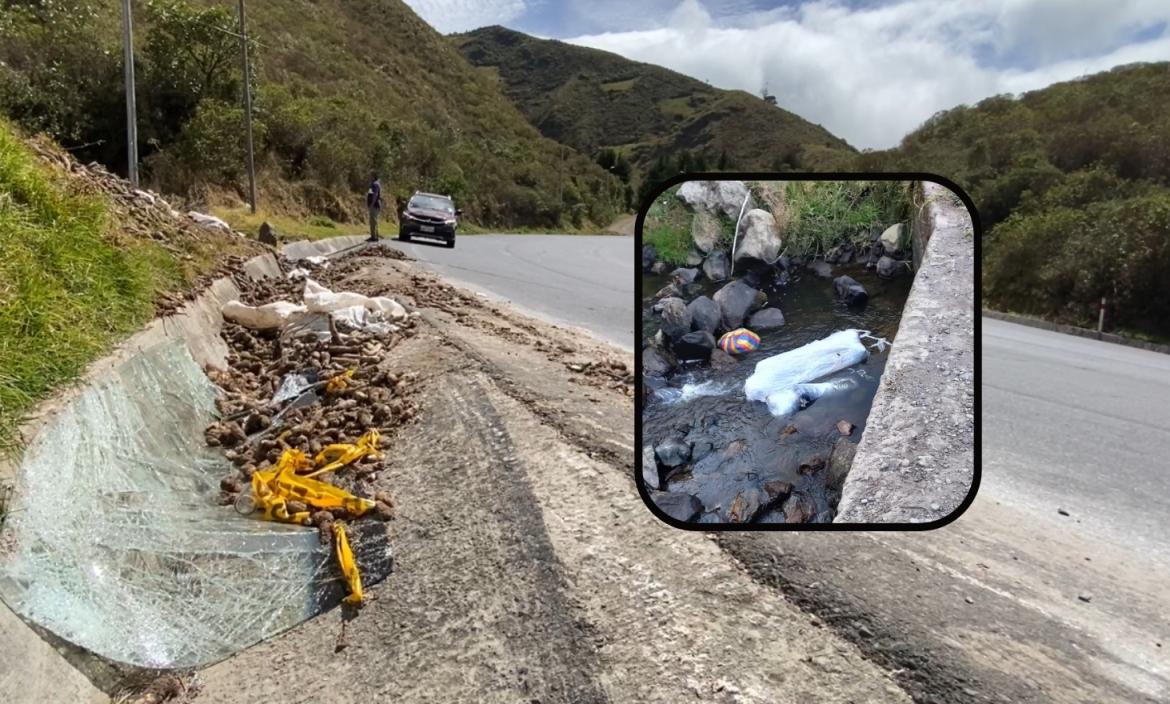 En la vía Pifo-Papallacta aún quedaban vestigios de un camión con cocaína que se volcó. 8 días después, cerca del sitio, fue hallado un cadáver (cuadro).