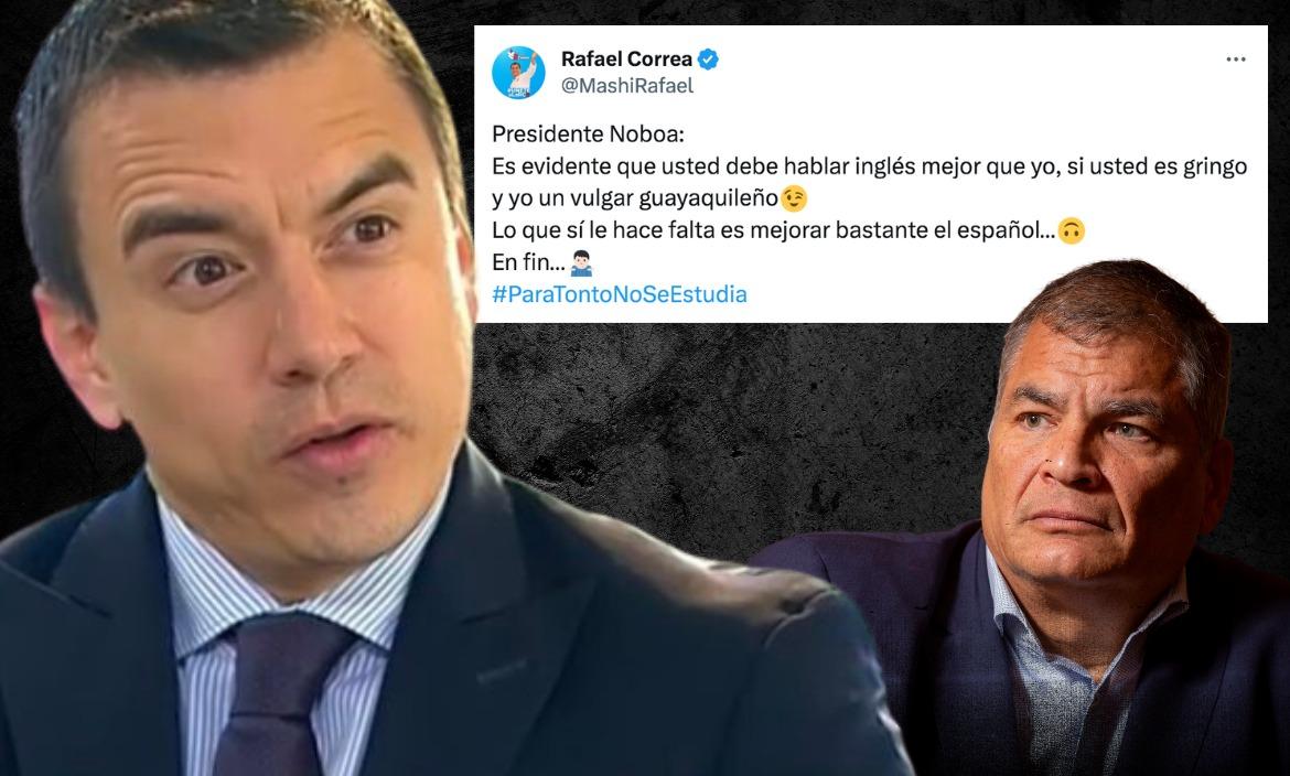 El prófugo de la justicia Rafael Correa reacciona a la imitación que realizó Noboa de su no tan bue inglés.
