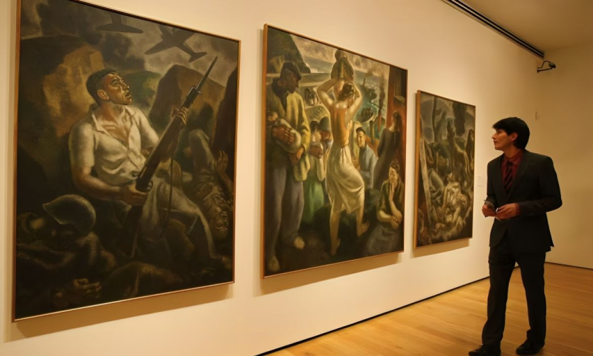 La obra ‘Tríptico de la guerra’, de Aurelio Arteta, en una exposición en España.