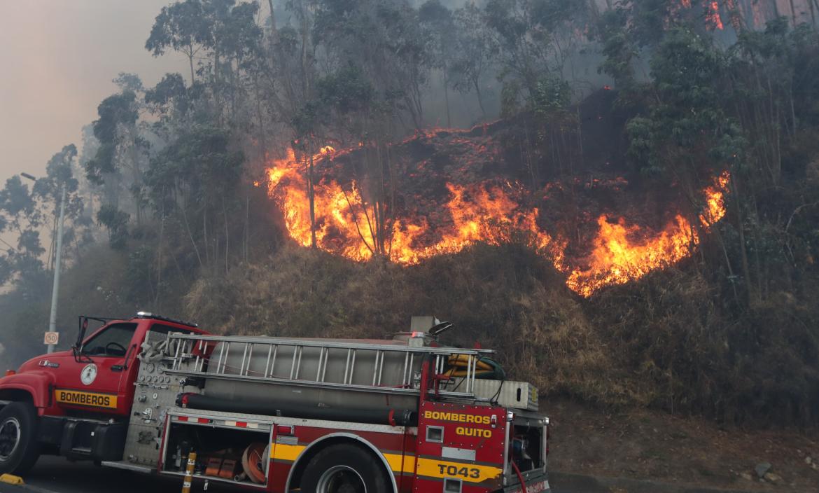 Las llamas no cesan pese al esfuerzo del Cuerpo de Bomberos de Quito.